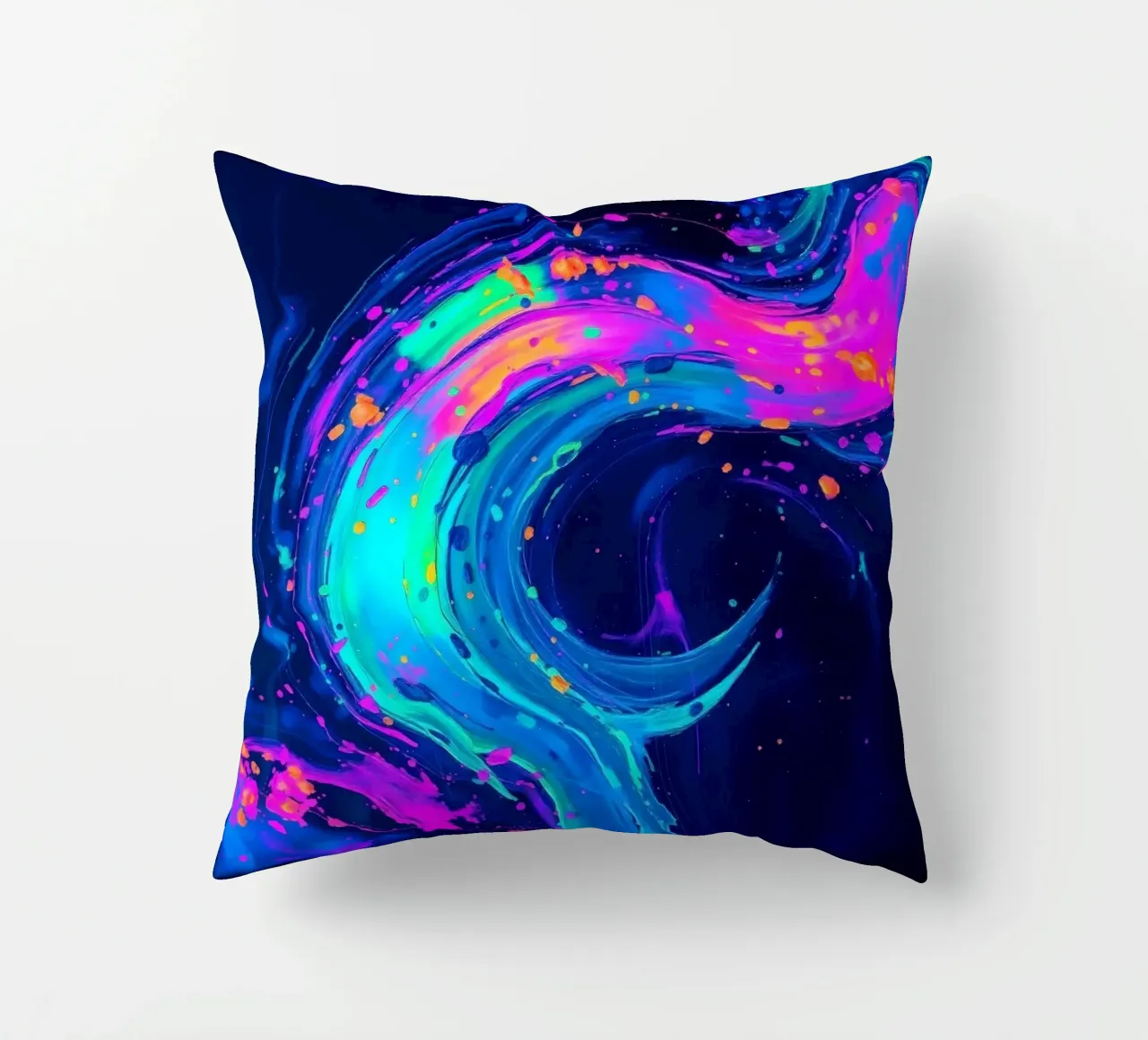 abstract swirl with neon hues creating motion in a dark back decorative cushion by DesignDoodle