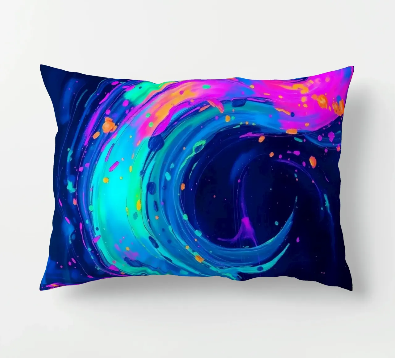 abstract swirl with neon hues creating motion in a dark back decorative cushion by DesignDoodle