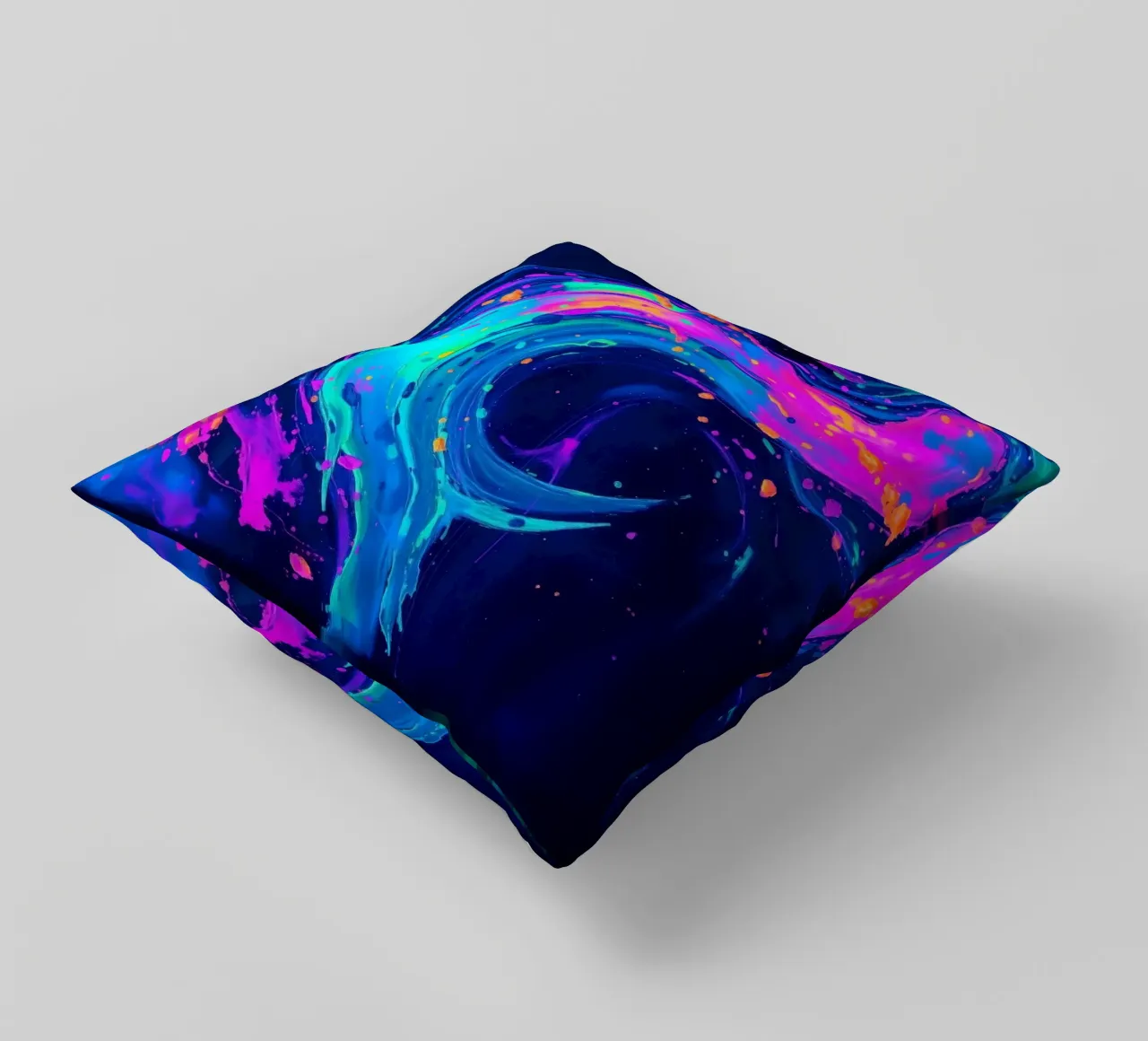 tourbillon abstrait avec des teintes néon créant un mouvement dans un fond sombre coussin de DesignDoodle