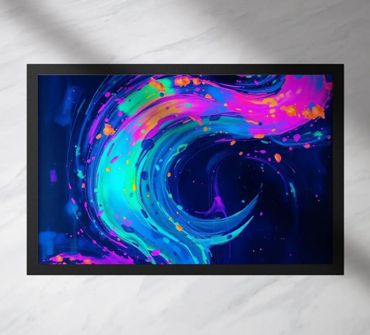 abstract swirl with neon hues creating motion in a dark back doormat by DesignDoodle
