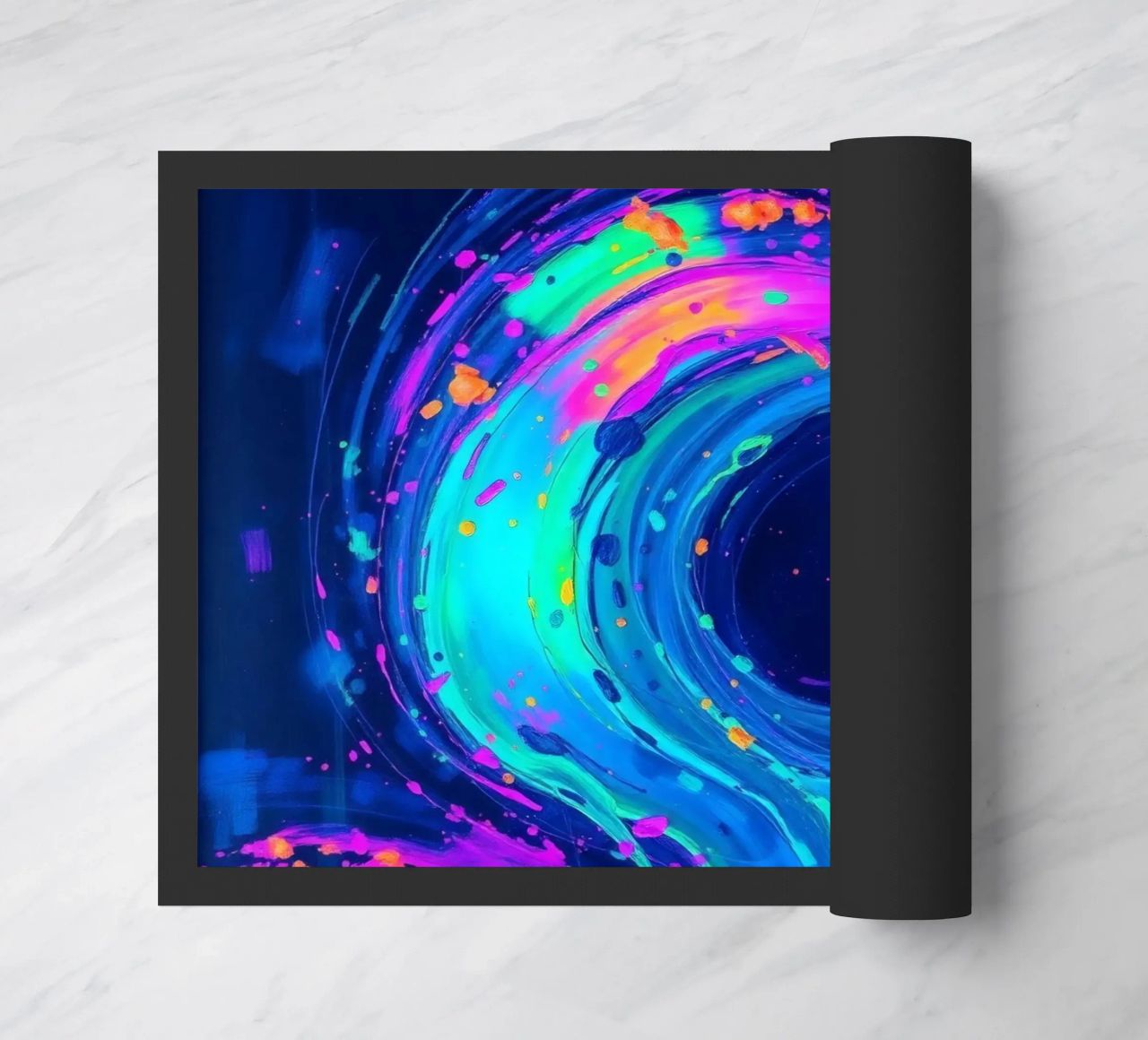 abstract swirl with neon hues creating motion in a dark back doormat by DesignDoodle