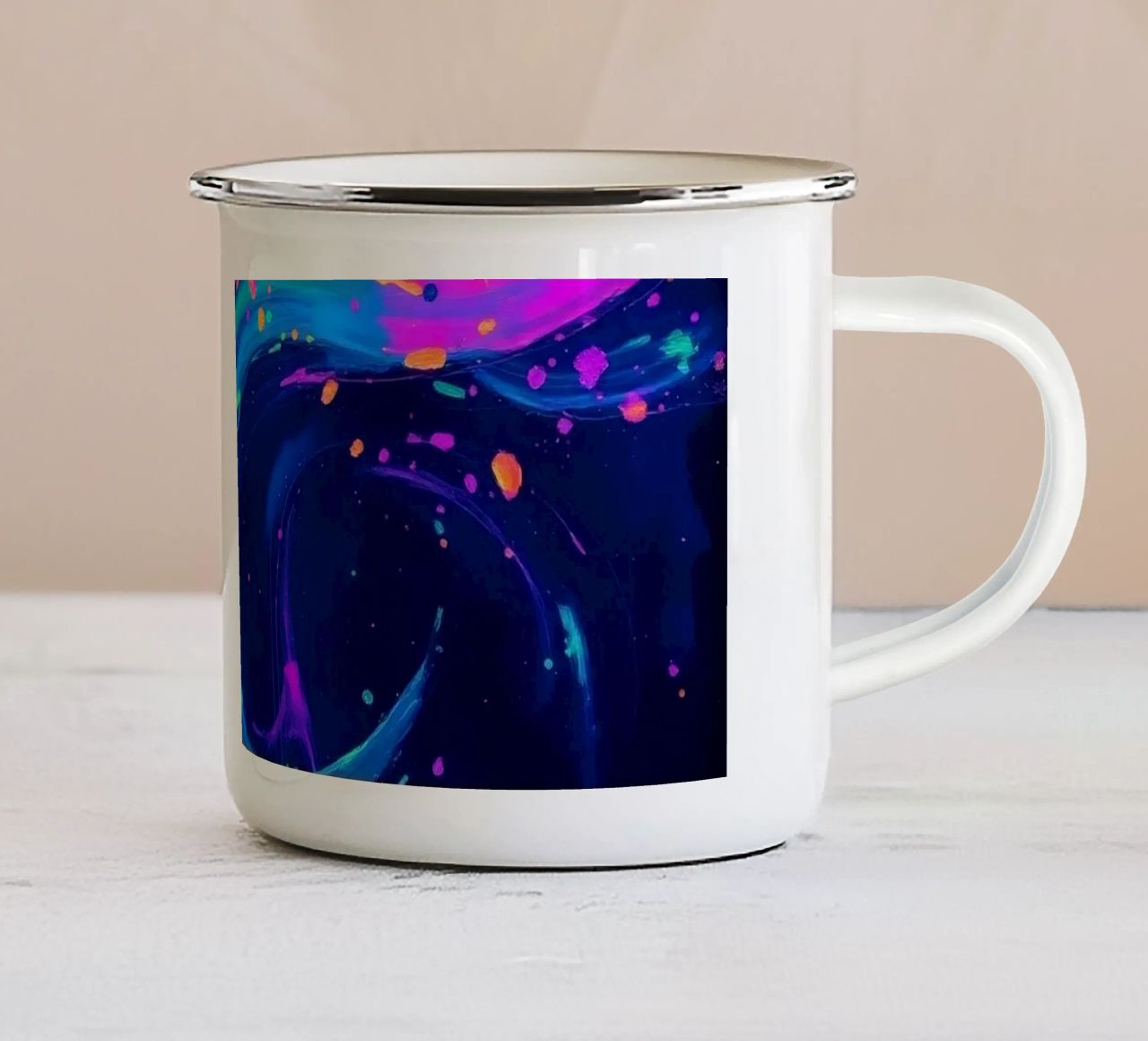 abstract swirl with neon hues creating motion in a dark back enamel mug by DesignDoodle