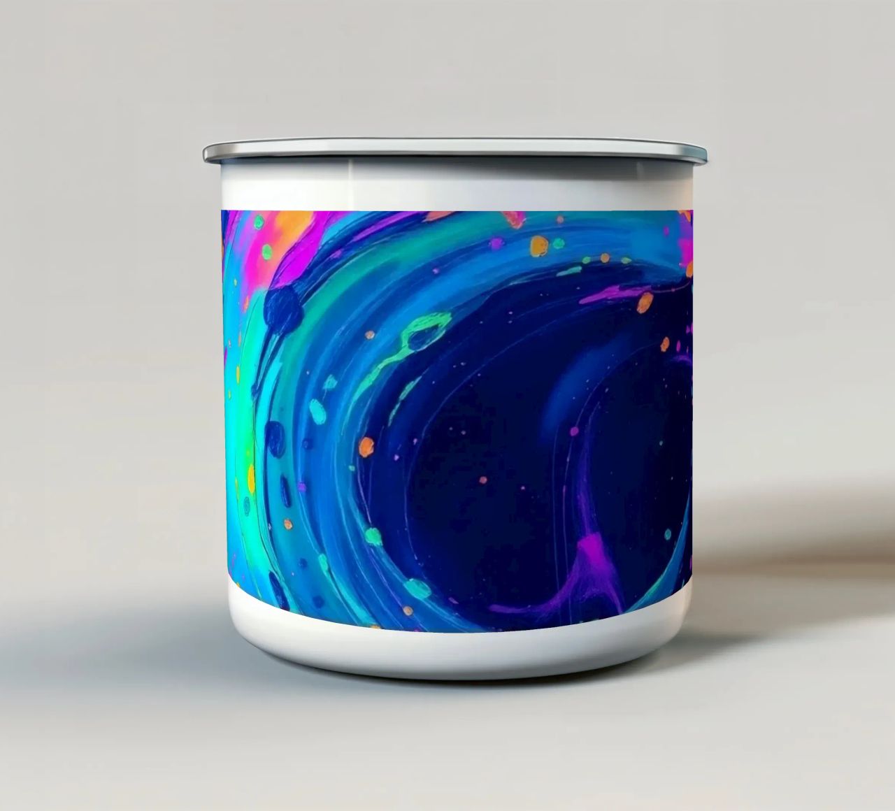 abstract swirl with neon hues creating motion in a dark back enamel mug by DesignDoodle