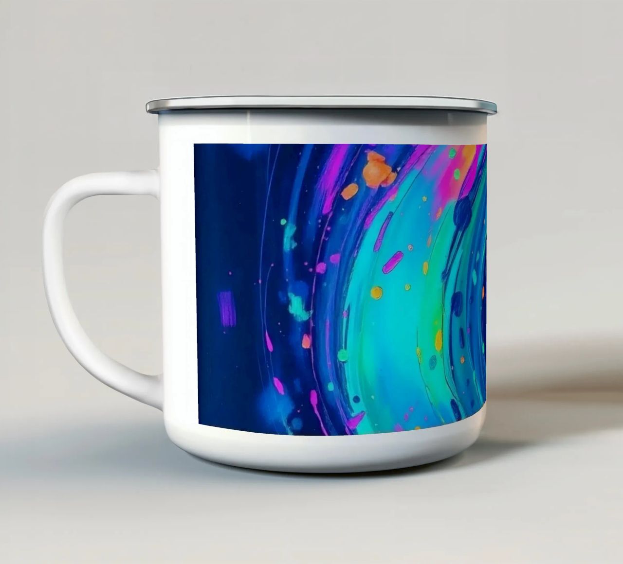 abstract swirl with neon hues creating motion in a dark back enamel mug by DesignDoodle