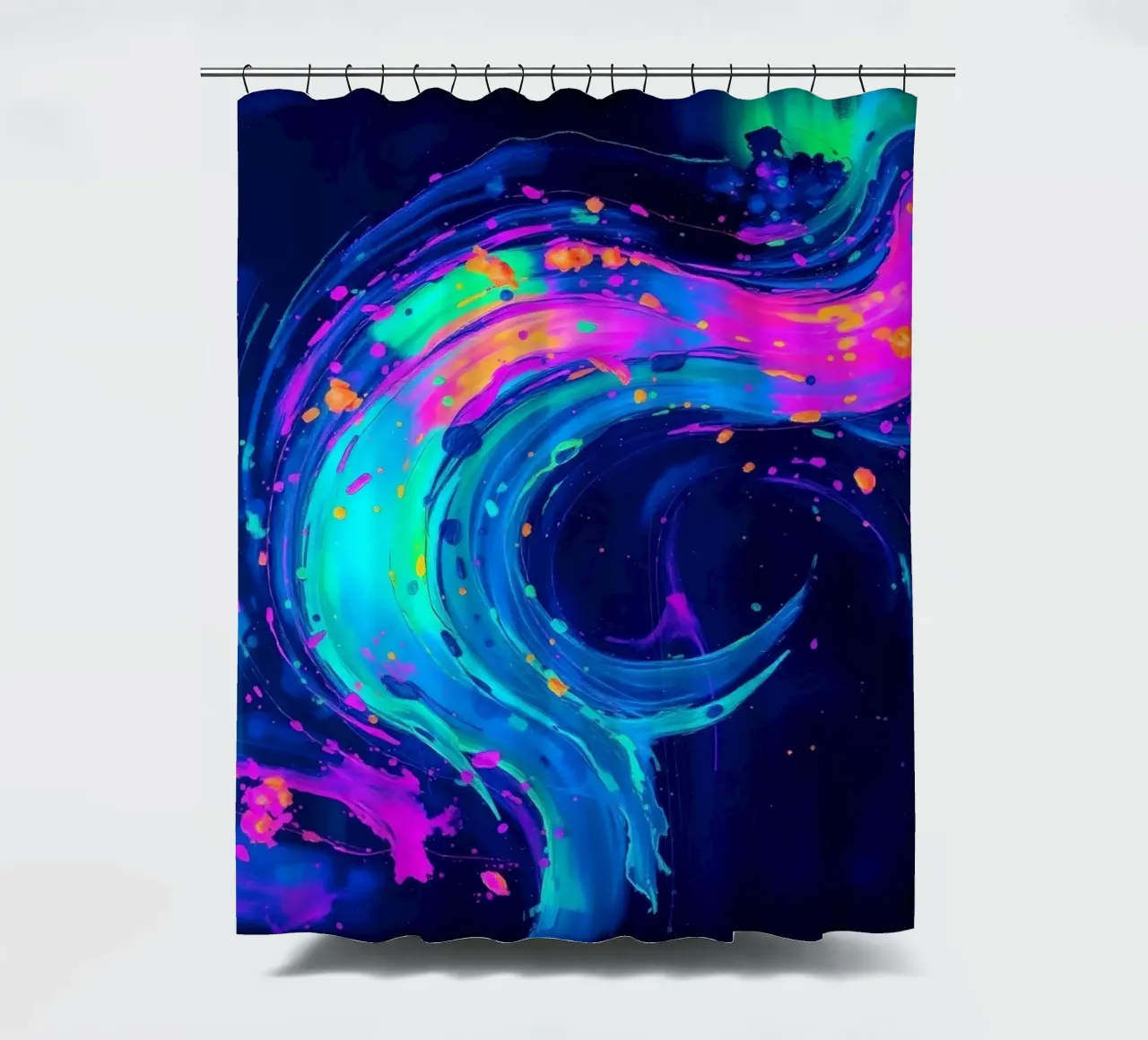 abstract swirl with neon hues creating motion in a dark back shower curtain by DesignDoodle