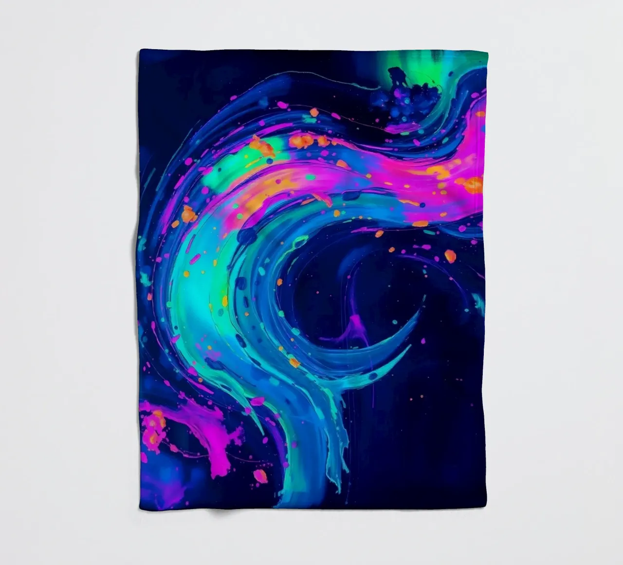 abstract swirl with neon hues creating motion in a dark back fleece blanket by DesignDoodle