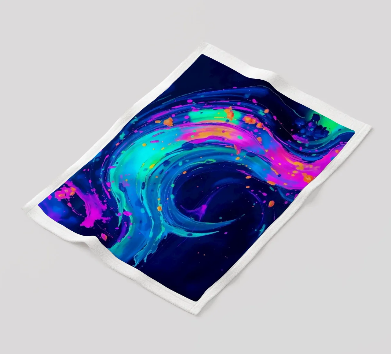 abstract swirl with neon hues creating motion in a dark back fleece blanket by DesignDoodle