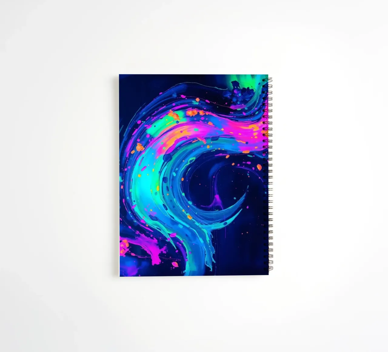 abstract swirl with neon hues creating motion in a dark back spiral notebook by DesignDoodle