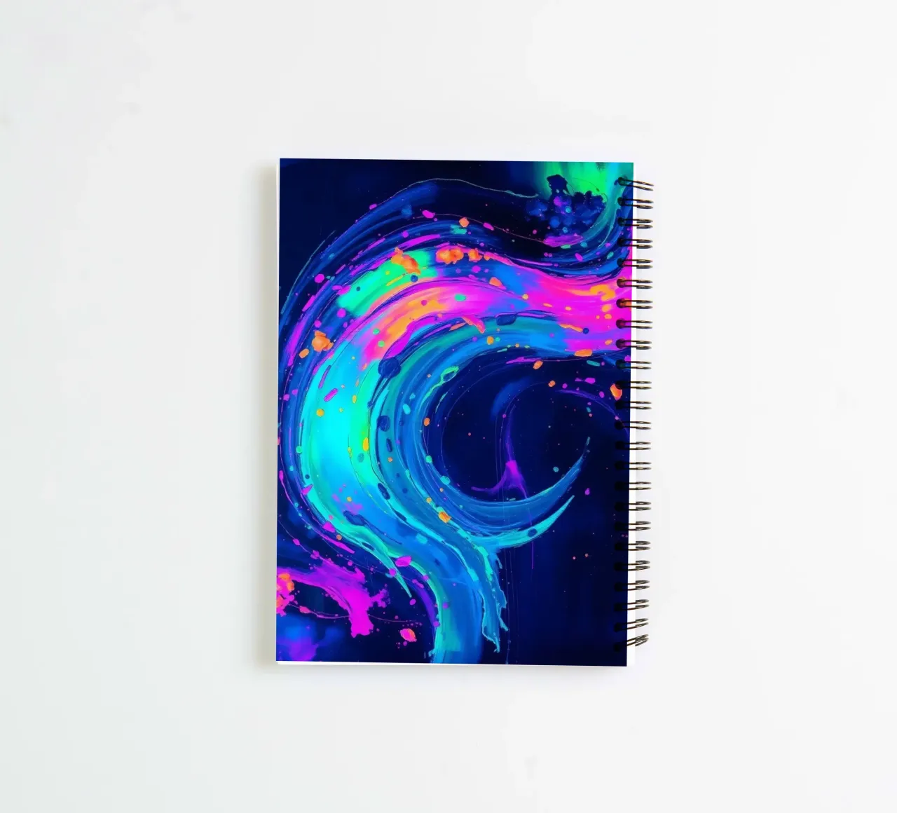 abstract swirl with neon hues creating motion in a dark back spiral notebook by DesignDoodle