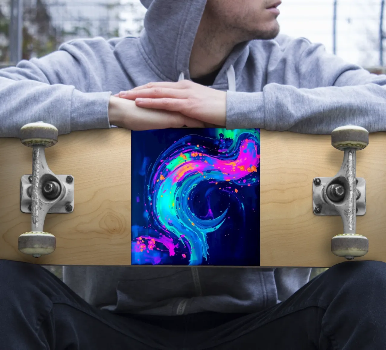 abstrakter Strudel mit Neontönen, der Bewegung in einem dunklen Hintergrund erzeugt Sticker von DesignDoodle