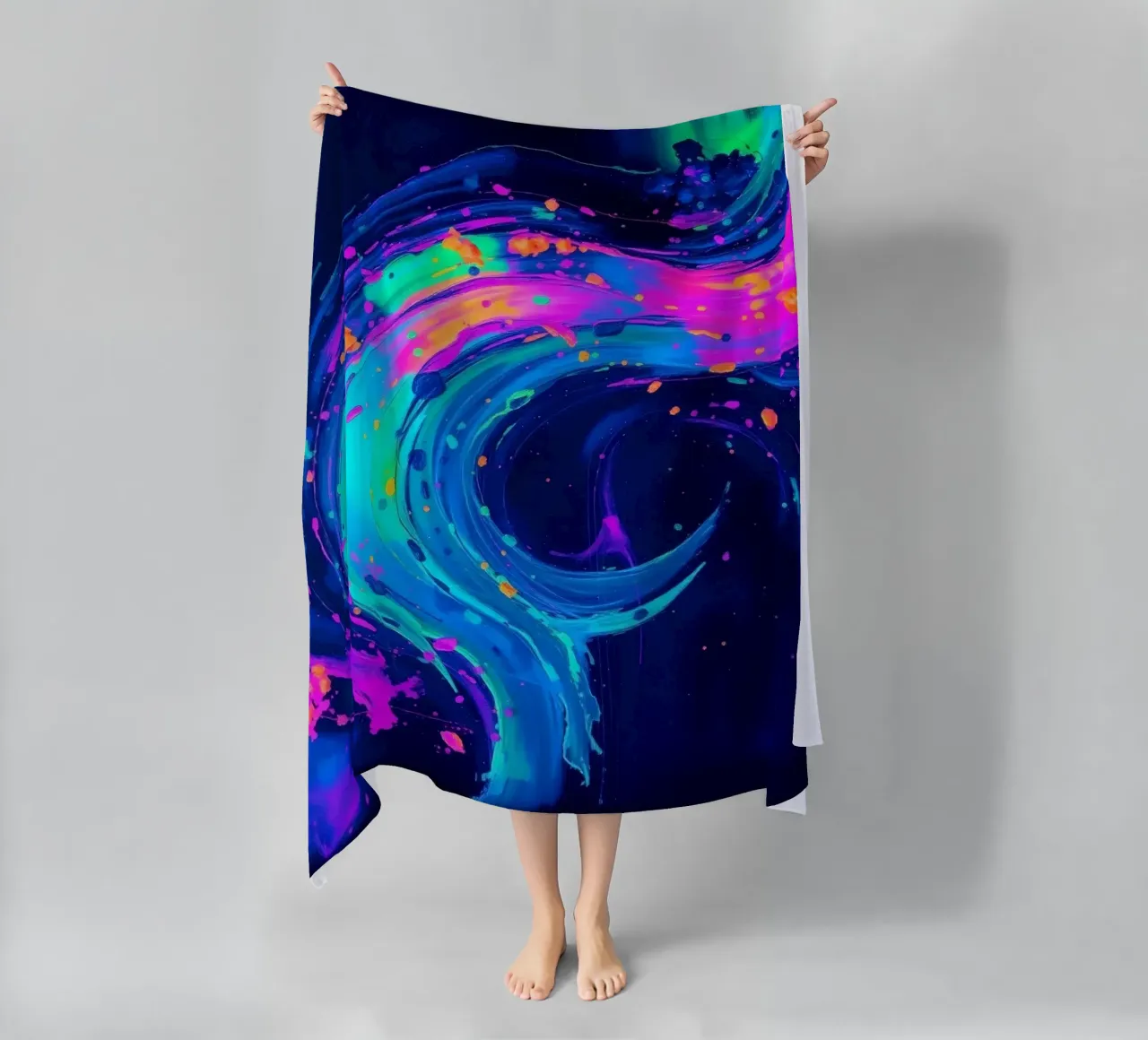abstract swirl with neon hues creating motion in a dark back beach towel by DesignDoodle