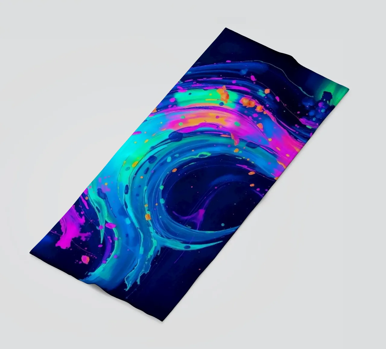 abstract swirl with neon hues creating motion in a dark back beach towel by DesignDoodle