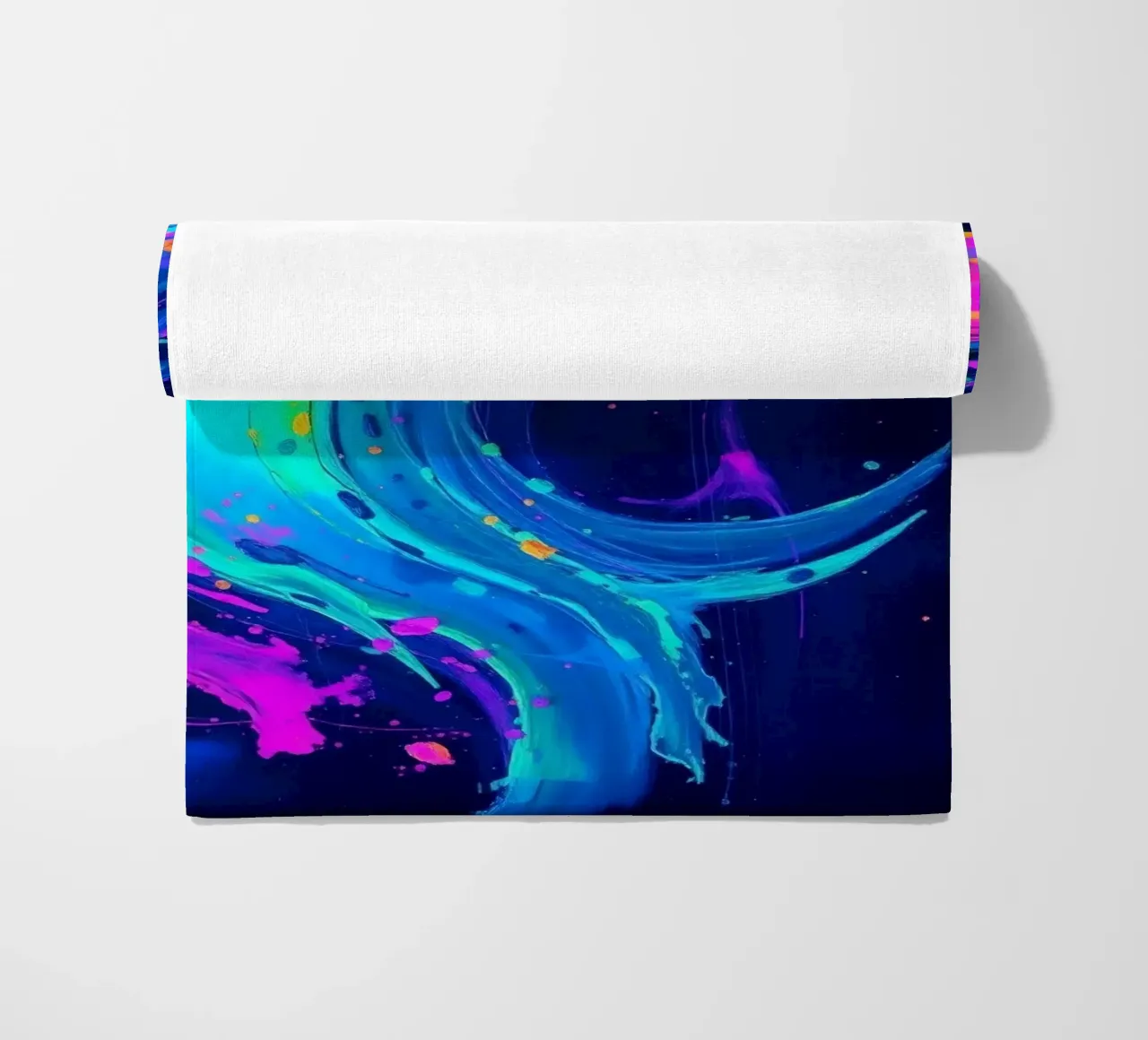 abstract swirl with neon hues creating motion in a dark back beach towel by DesignDoodle