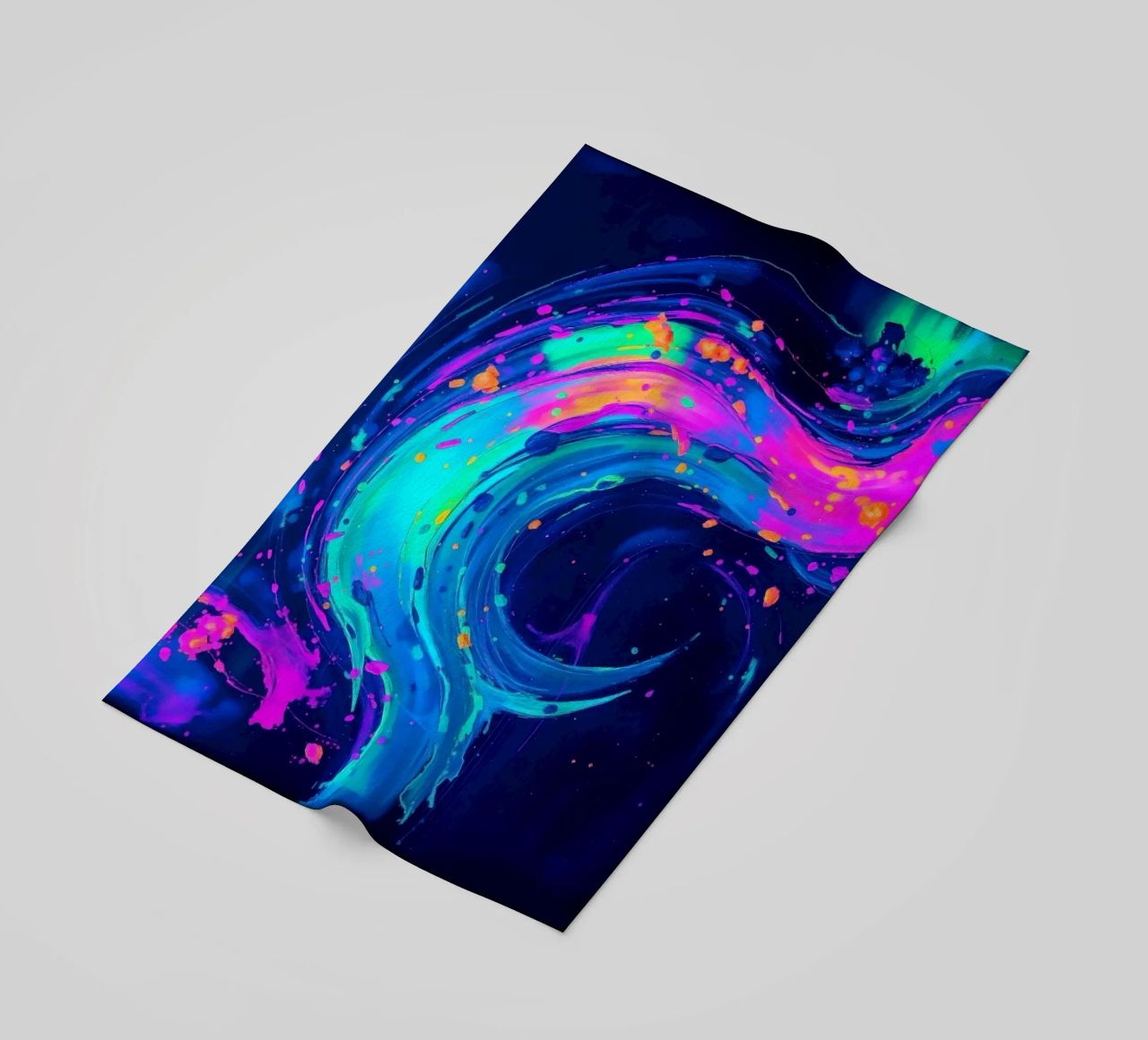 abstract swirl with neon hues creating motion in a dark back beach towel by DesignDoodle