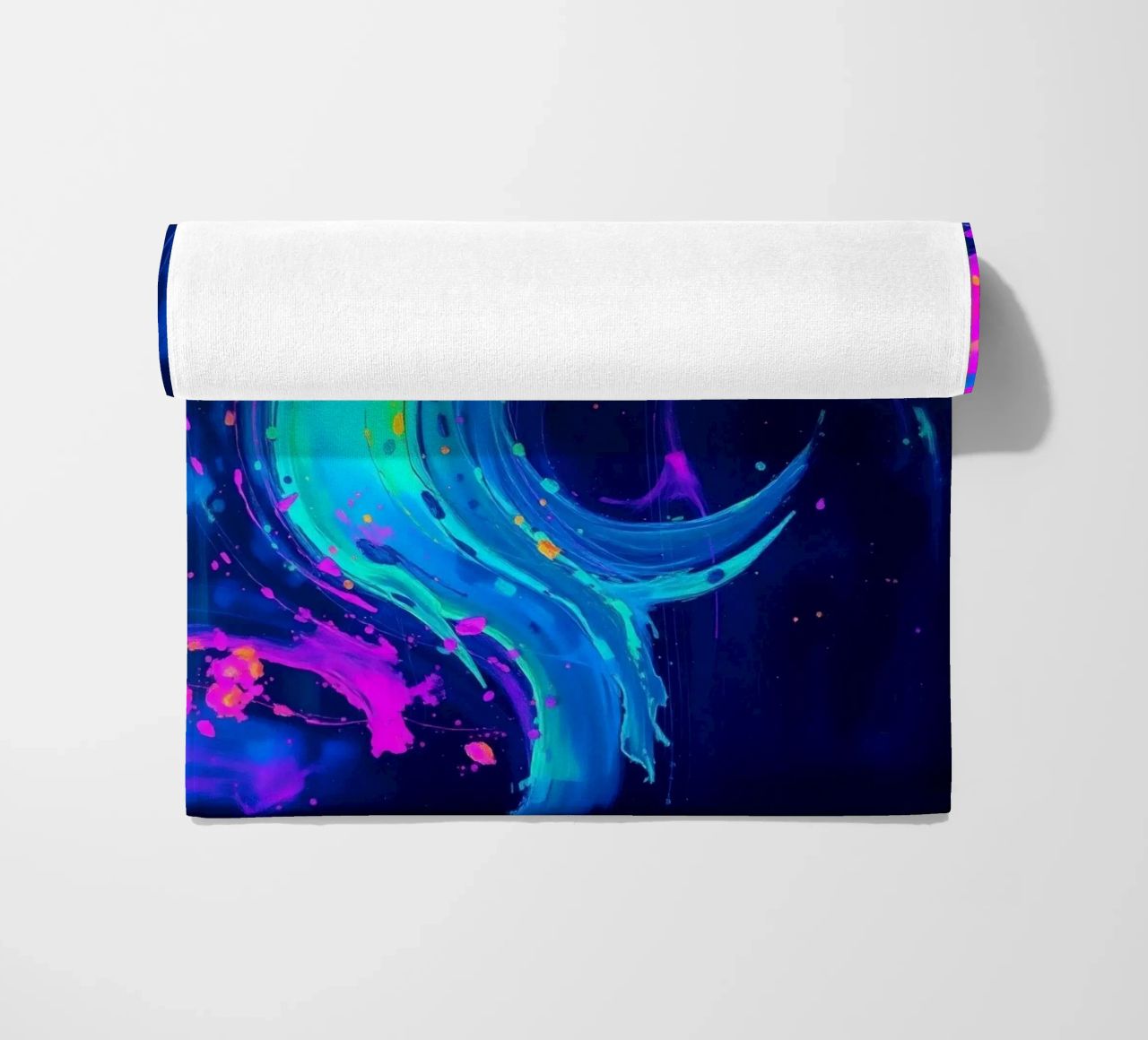 abstract swirl with neon hues creating motion in a dark back beach towel by DesignDoodle