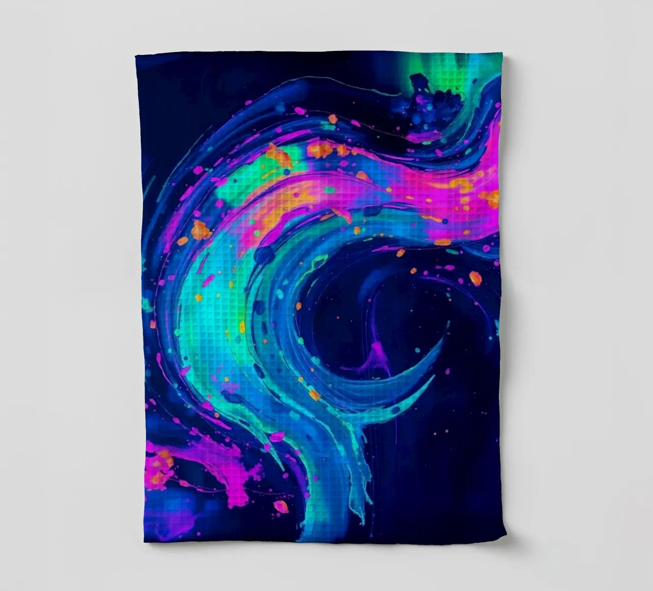 tourbillon abstrait avec des teintes néon créant un mouvement dans un fond sombre torchon de DesignDoodle