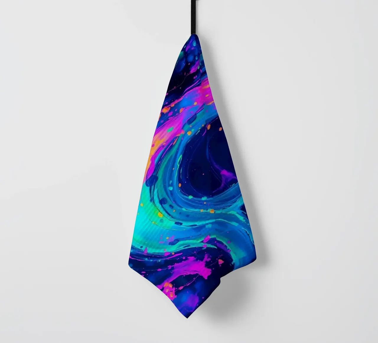 abstract swirl with neon hues creating motion in a dark back tea towel by DesignDoodle