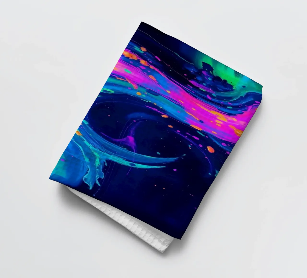 tourbillon abstrait avec des teintes néon créant un mouvement dans un fond sombre torchon de DesignDoodle