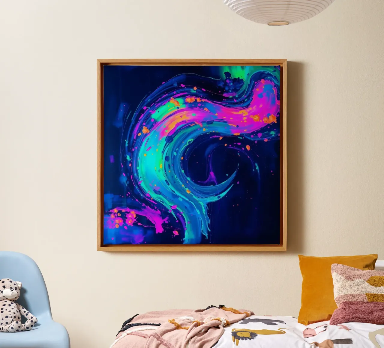 abstract swirl with neon hues creating motion in a dark back canvas by DesignDoodle