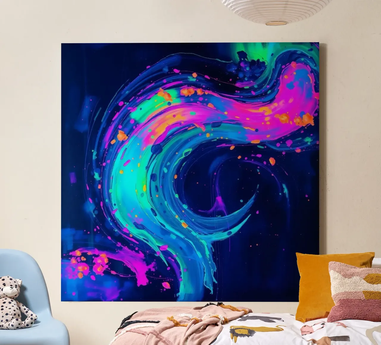 abstract swirl with neon hues creating motion in a dark back canvas by DesignDoodle