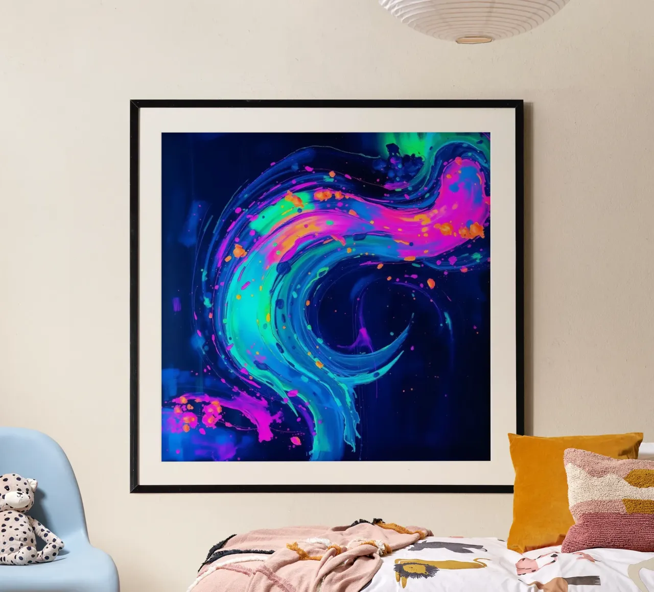 abstract swirl with neon hues creating motion in a dark back poster by DesignDoodle