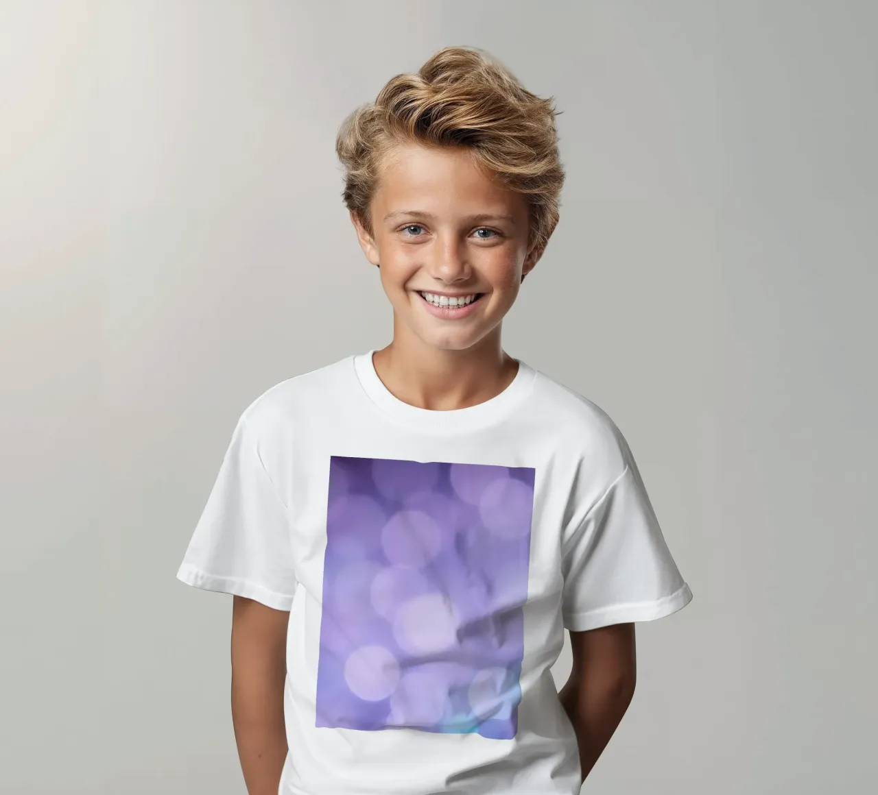 Sfondo bokeh con luci soffuse viola e blu t-shirt bambini da DesignDoodle