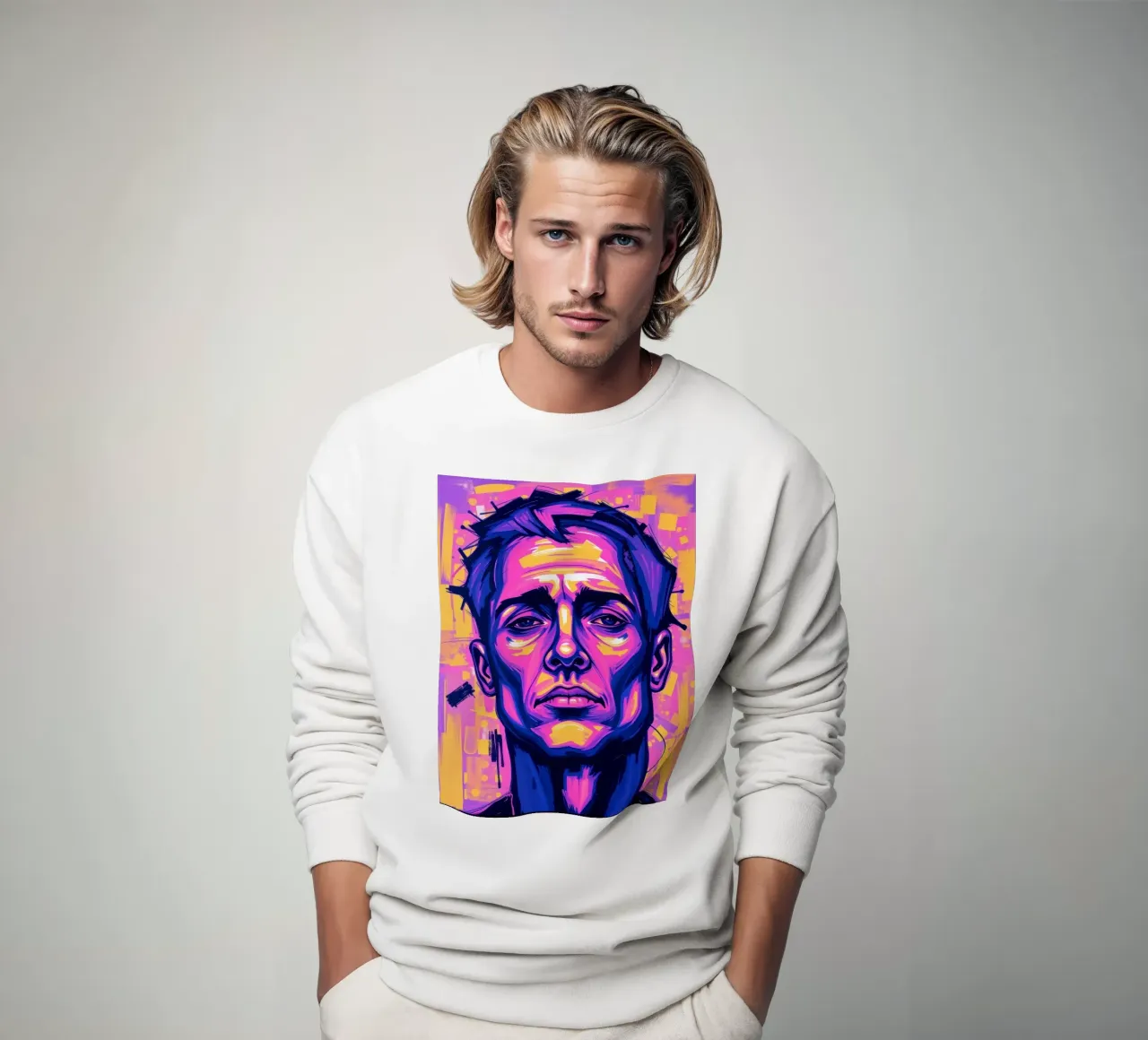 homme sur fond coloré mettant en valeur l'expression artistique sweat de DesignDoodle