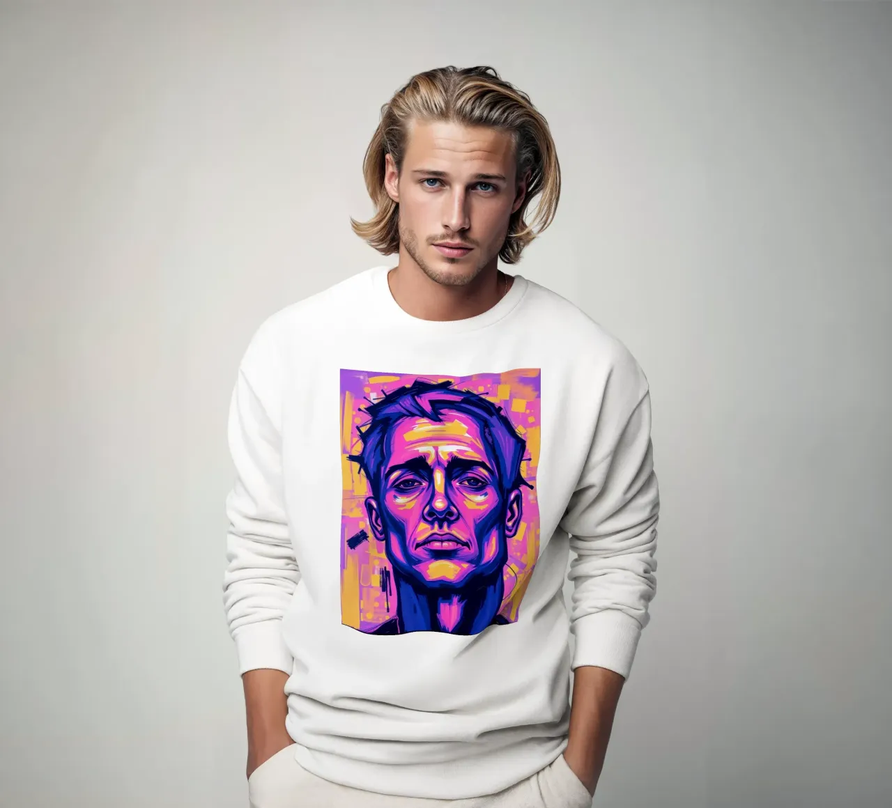 man with colorful background emphasizing artistic expression sweatshirt by DesignDoodle