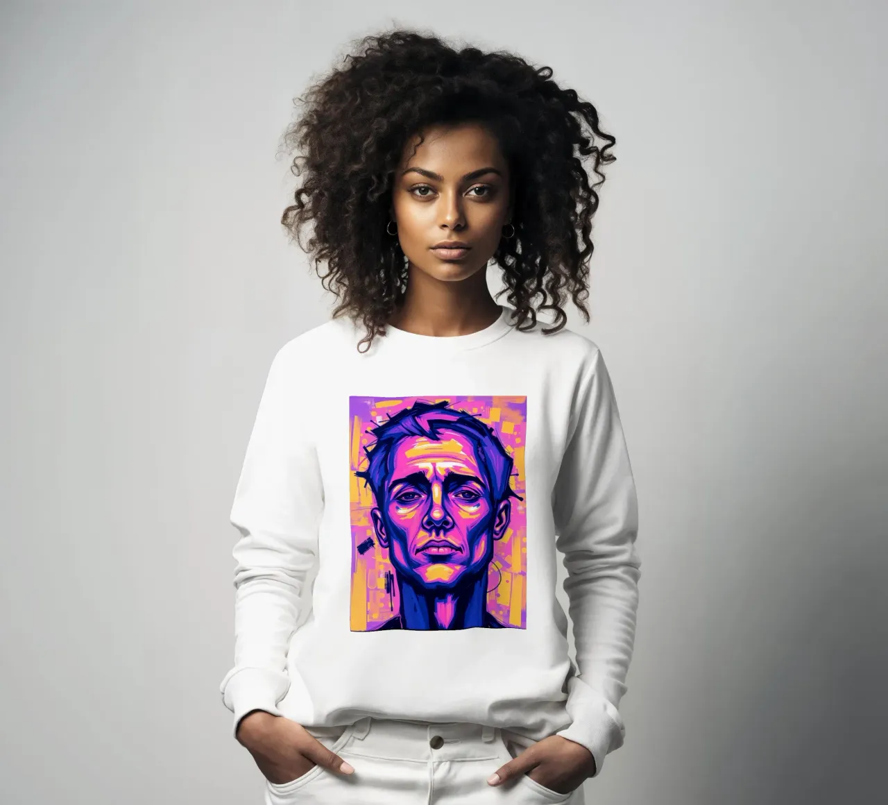 homme sur fond coloré mettant en valeur l'expression artistique sweat de DesignDoodle
