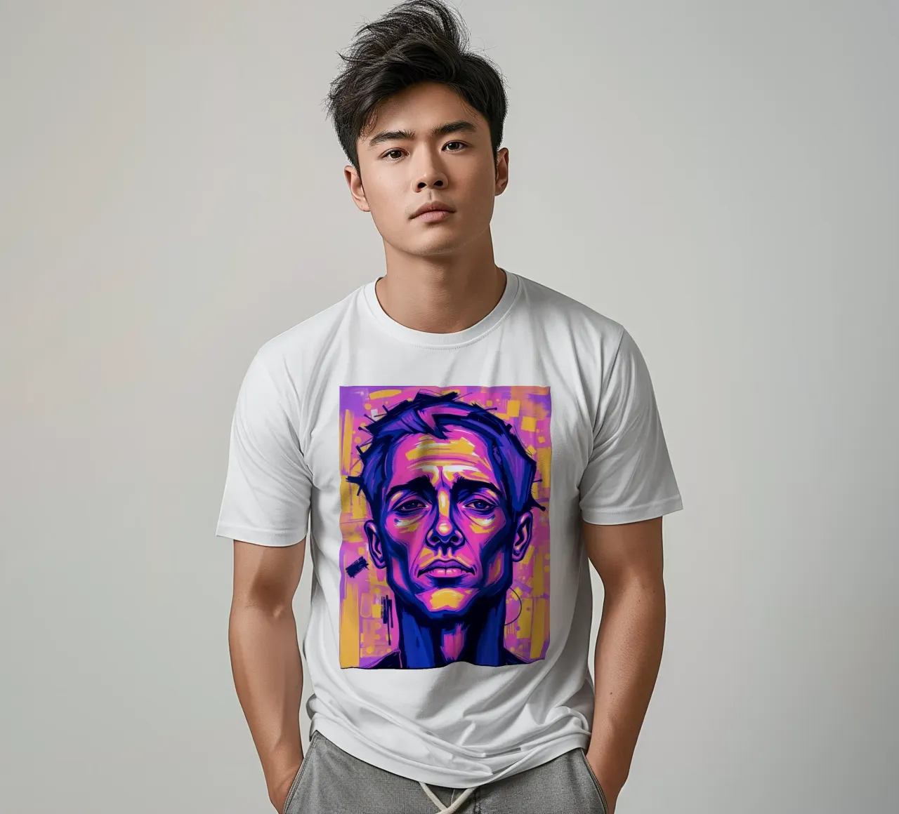 homme sur fond coloré mettant en valeur l'expression artistique t-shirt de DesignDoodle