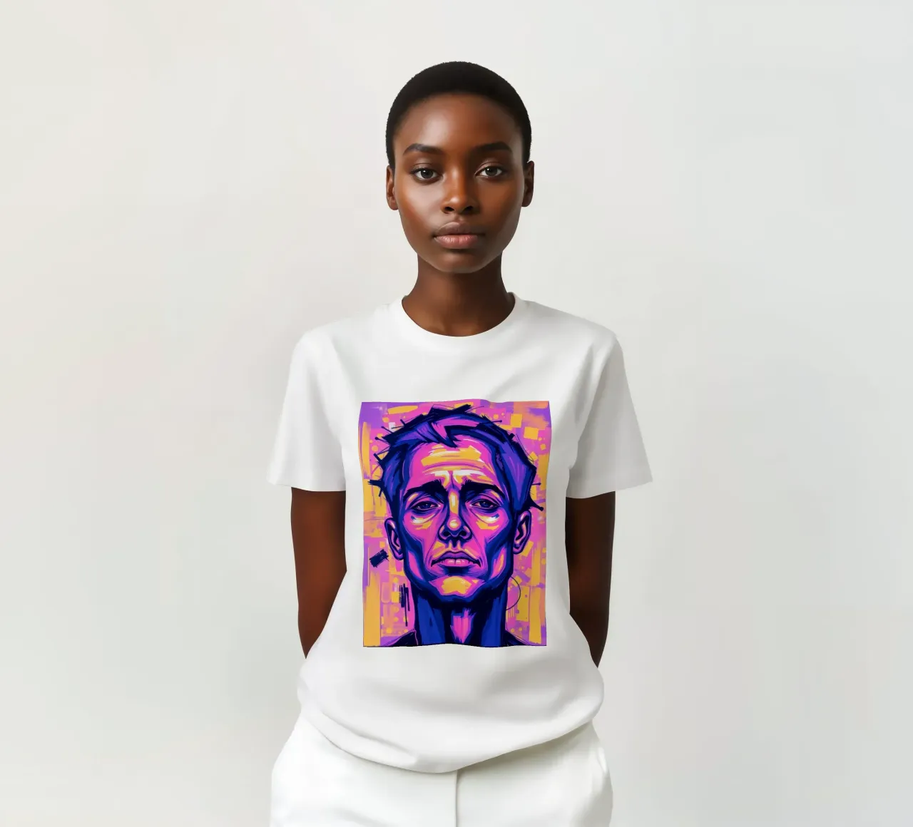 homme sur fond coloré mettant en valeur l'expression artistique t-shirt de DesignDoodle