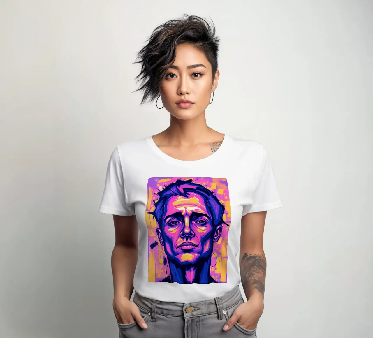 man with colorful background emphasizing artistic expression women's fitted t-shirt by DesignDoodle