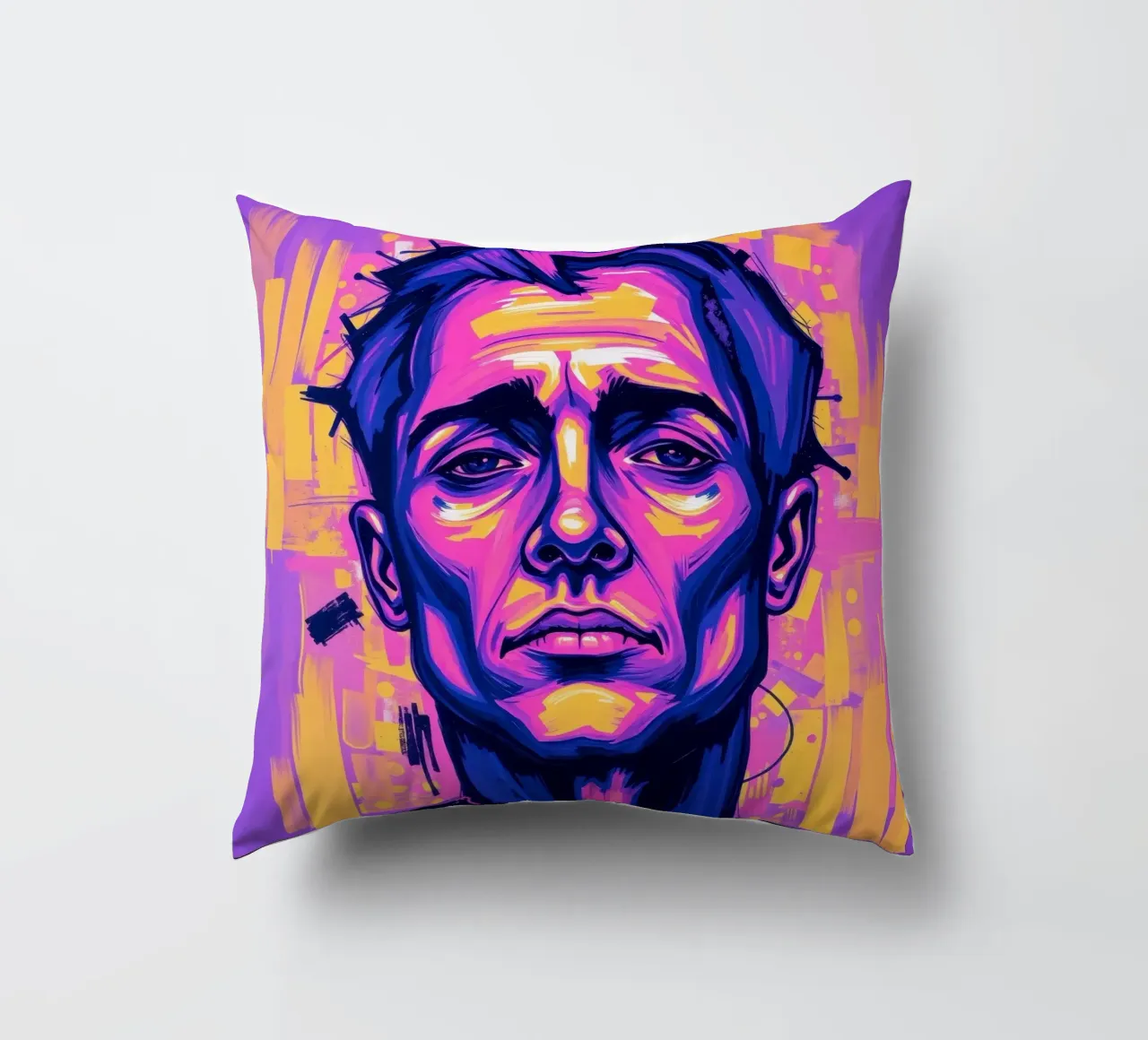 uomo con sfondo colorato che sottolinea l'espressione artistica cuscino da DesignDoodle