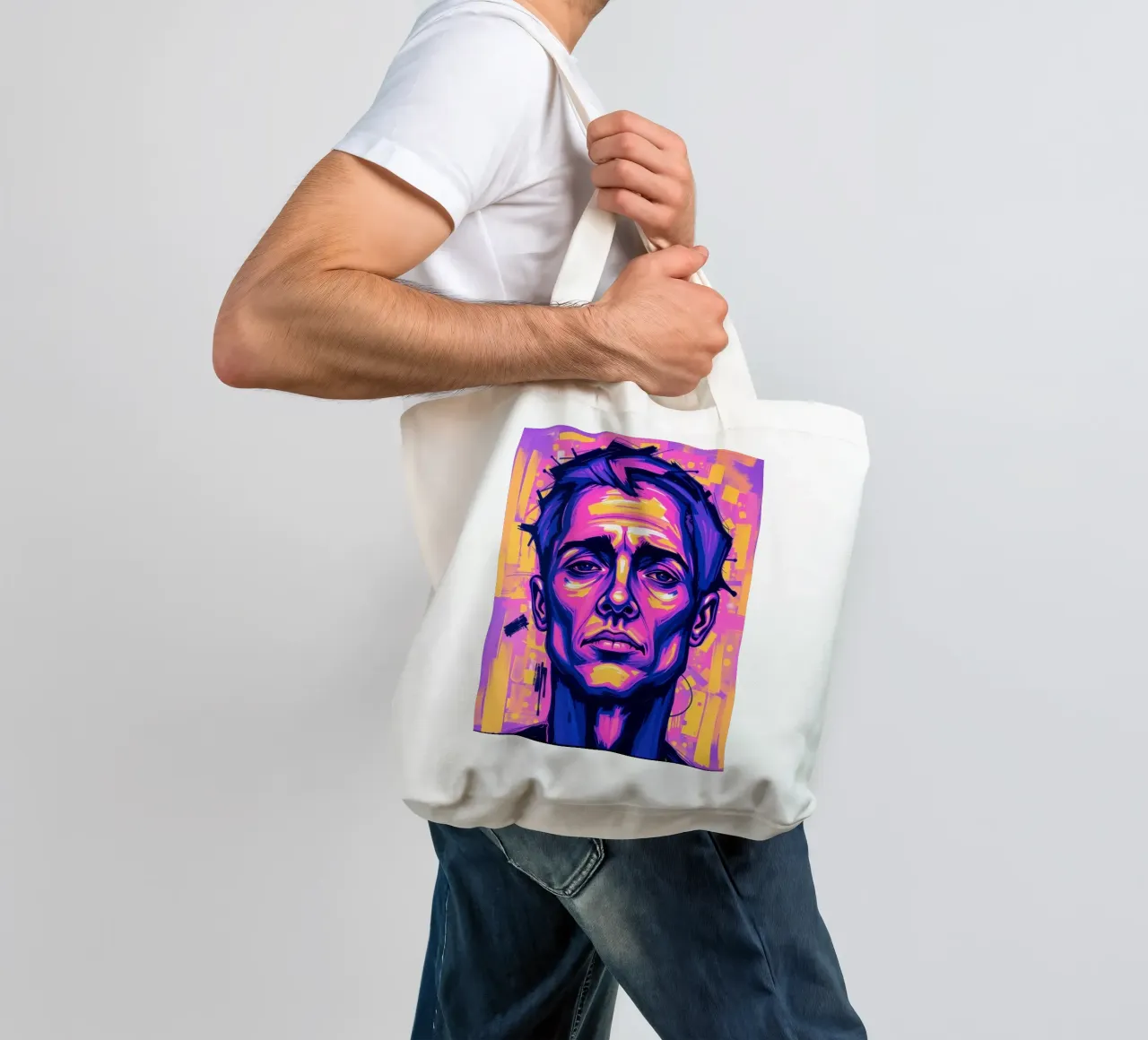 man with colorful background emphasizing artistic expression tote bag by DesignDoodle