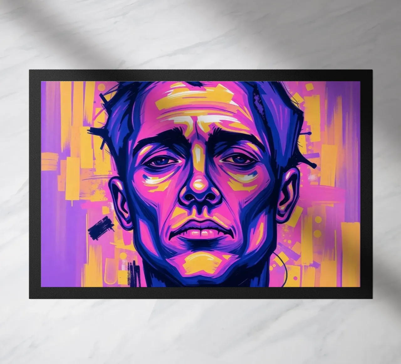 homme sur fond coloré mettant en valeur l'expression artistique paillasson de DesignDoodle