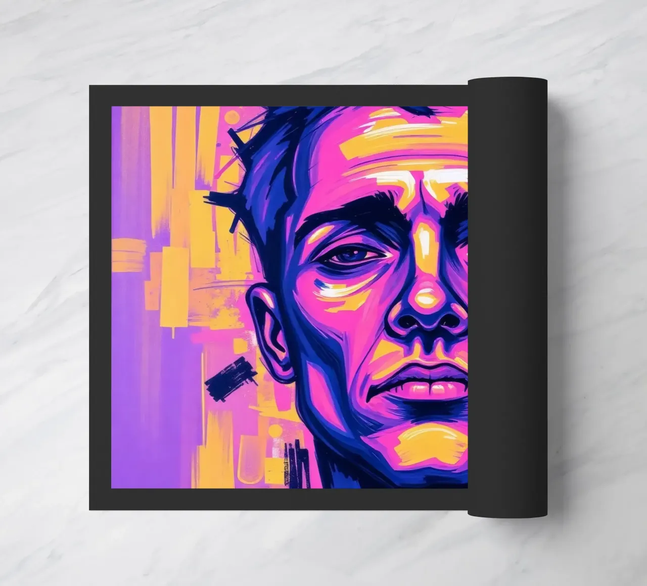 homme sur fond coloré mettant en valeur l'expression artistique paillasson de DesignDoodle