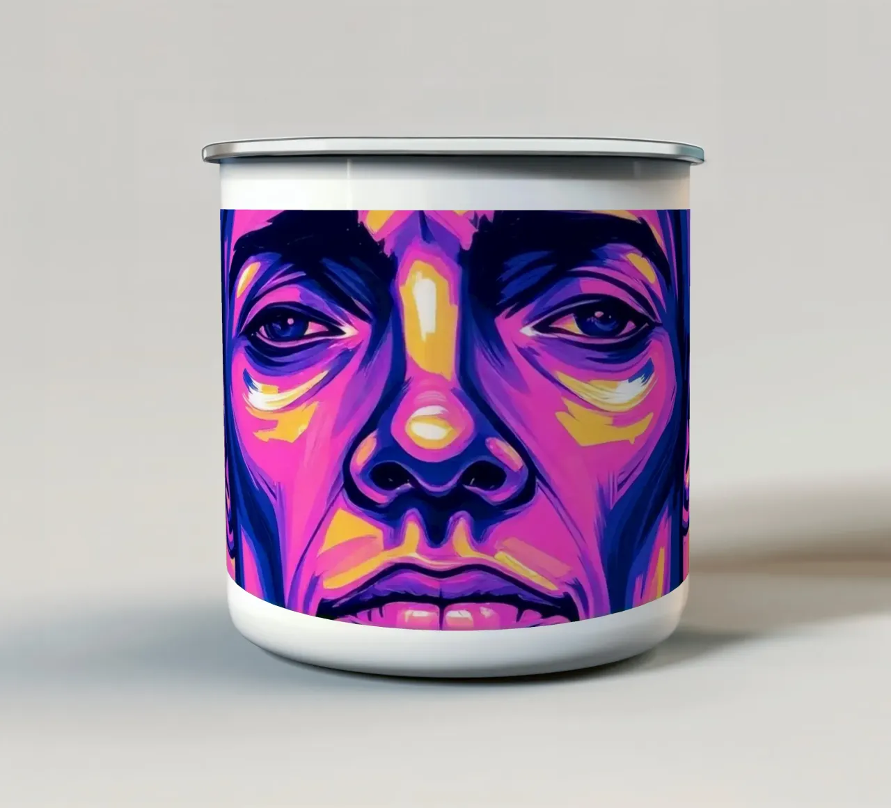 man with colorful background emphasizing artistic expression enamel mug by DesignDoodle