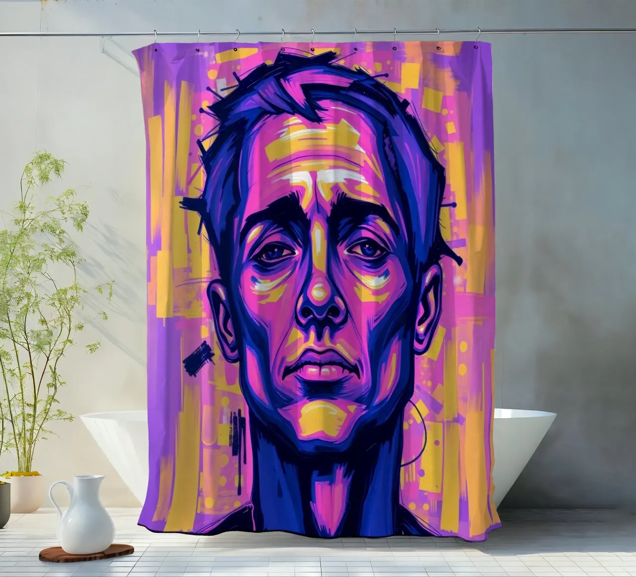 homme sur fond coloré mettant en valeur l'expression artistique rideau de douche de DesignDoodle