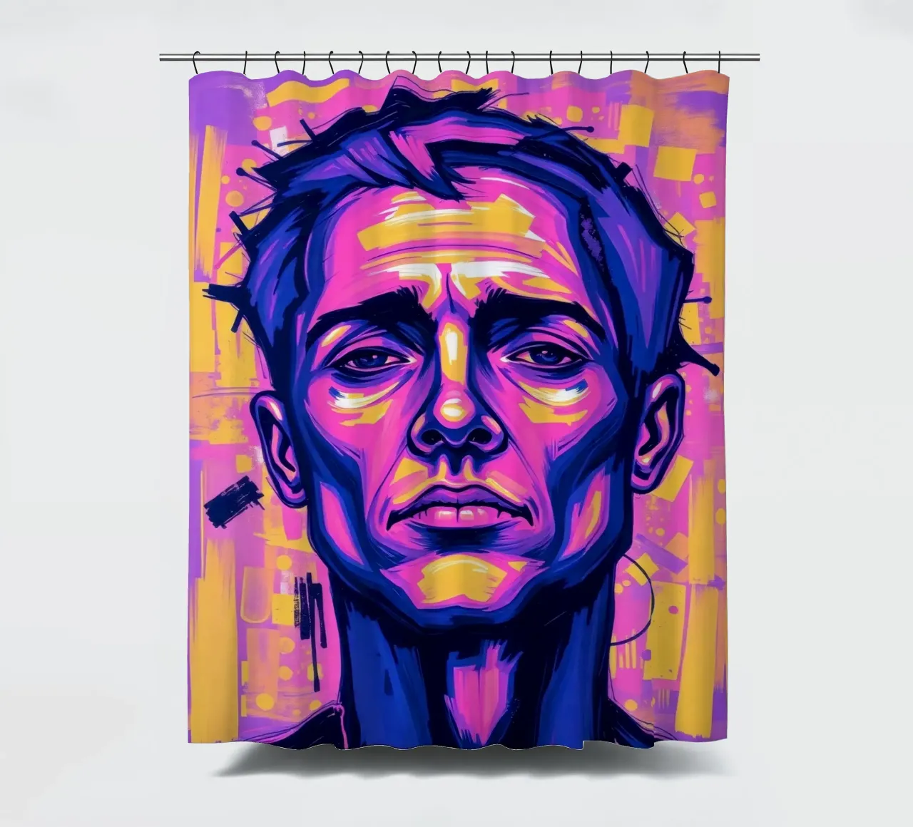 homme sur fond coloré mettant en valeur l'expression artistique rideau de douche de DesignDoodle