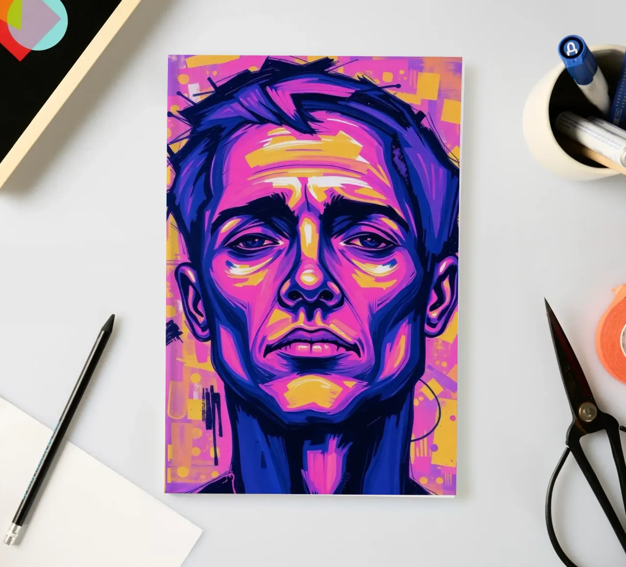 man with colorful background emphasizing artistic expression notebook by DesignDoodle