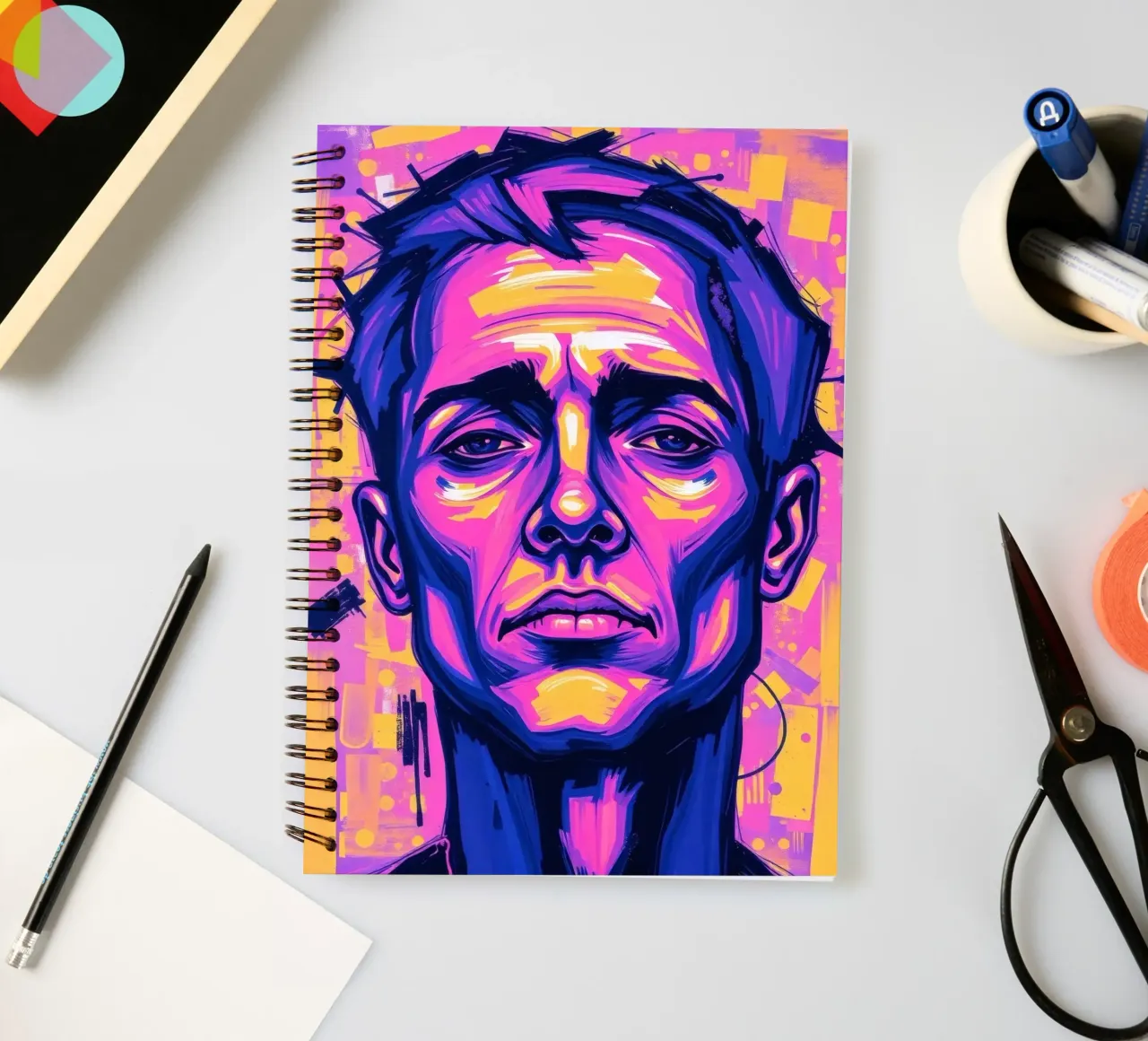 homme sur fond coloré mettant en valeur l'expression artistique carnet à spirale de DesignDoodle