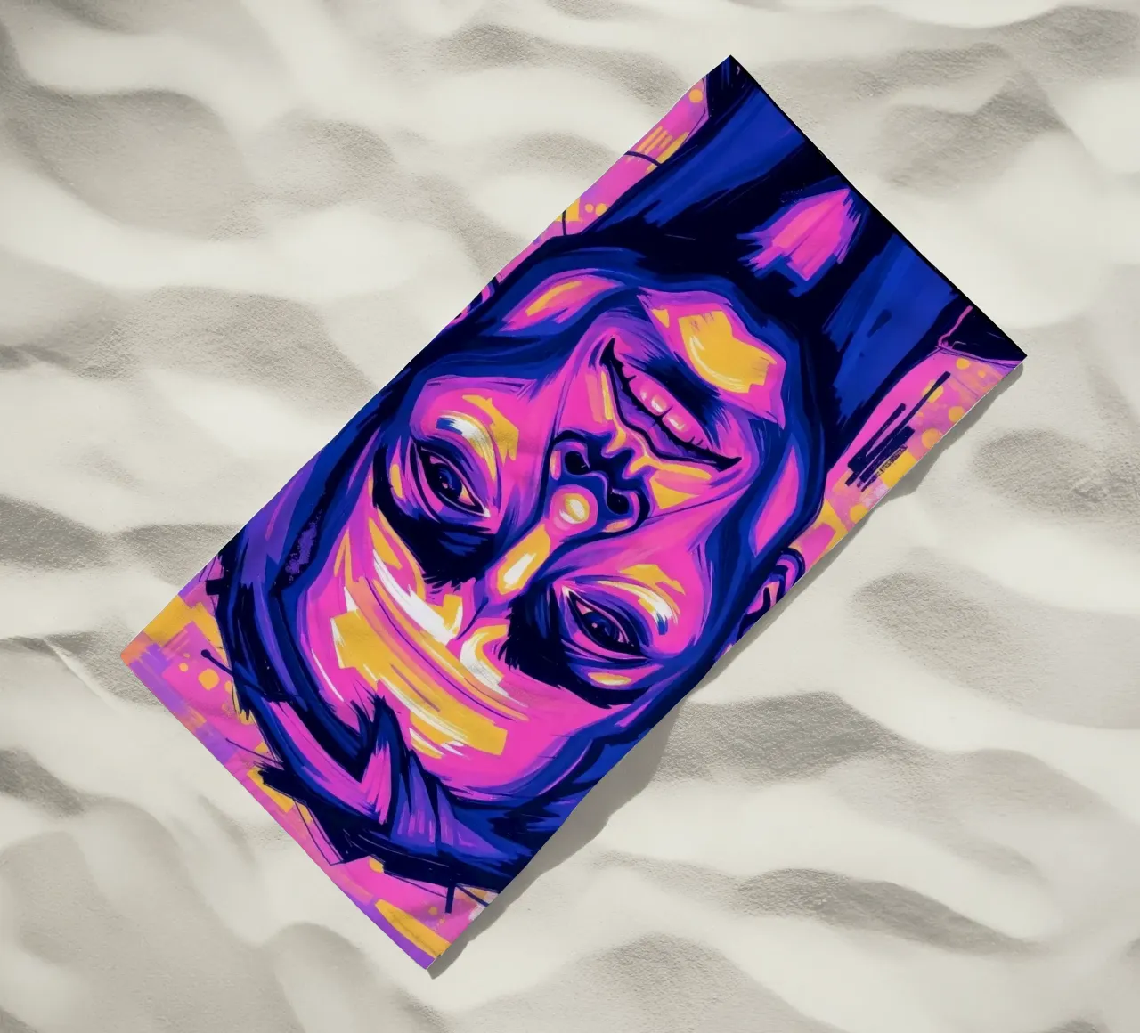 homme sur fond coloré mettant en valeur l'expression artistique serviette de plage de DesignDoodle
