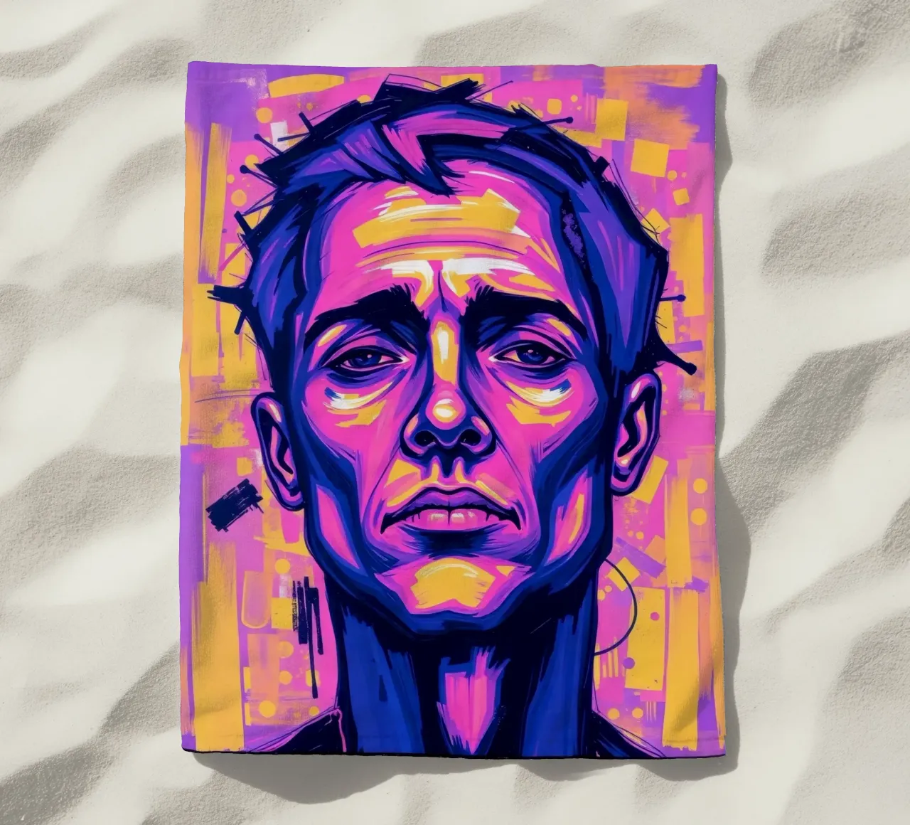 homme sur fond coloré mettant en valeur l'expression artistique serviette de plage de DesignDoodle