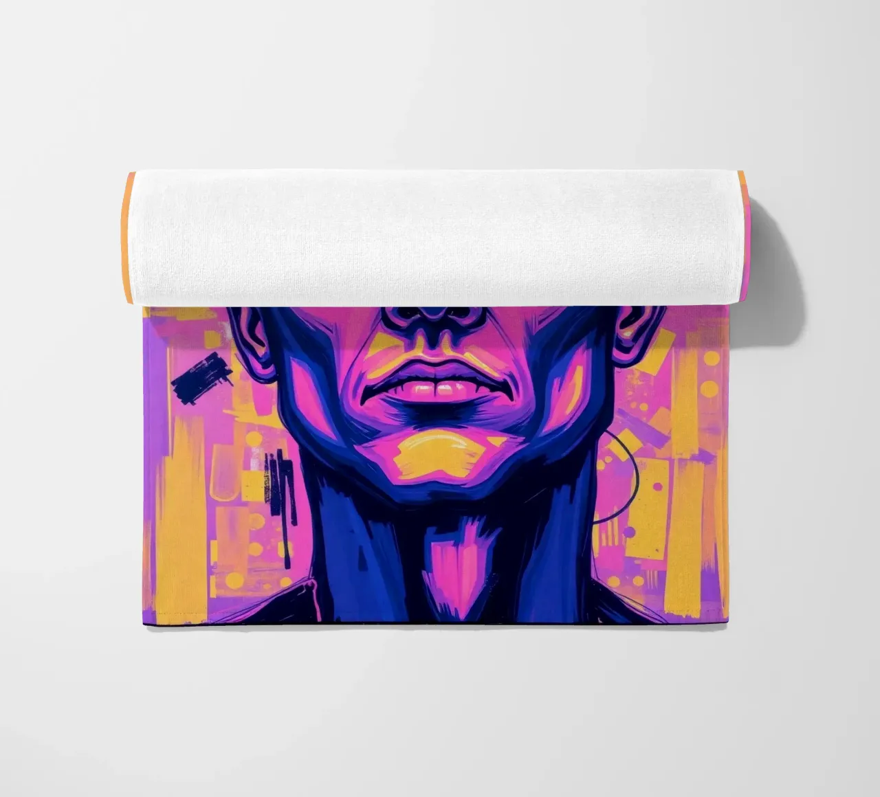 homme sur fond coloré mettant en valeur l'expression artistique serviette de plage de DesignDoodle