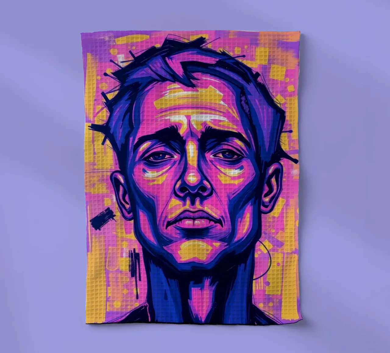 homme sur fond coloré mettant en valeur l'expression artistique torchon de DesignDoodle