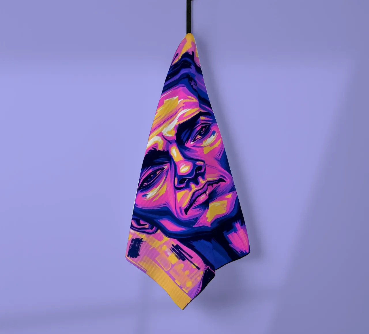 homme sur fond coloré mettant en valeur l'expression artistique torchon de DesignDoodle
