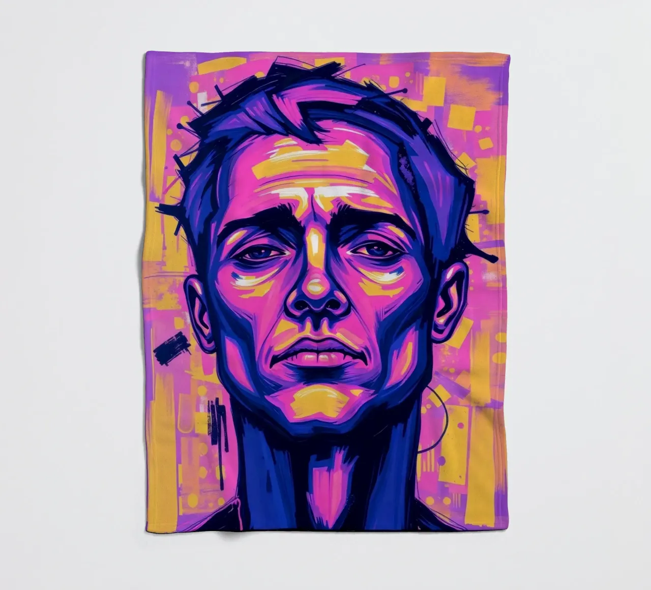 homme sur fond coloré mettant en valeur l'expression artistique plaid polaire de DesignDoodle