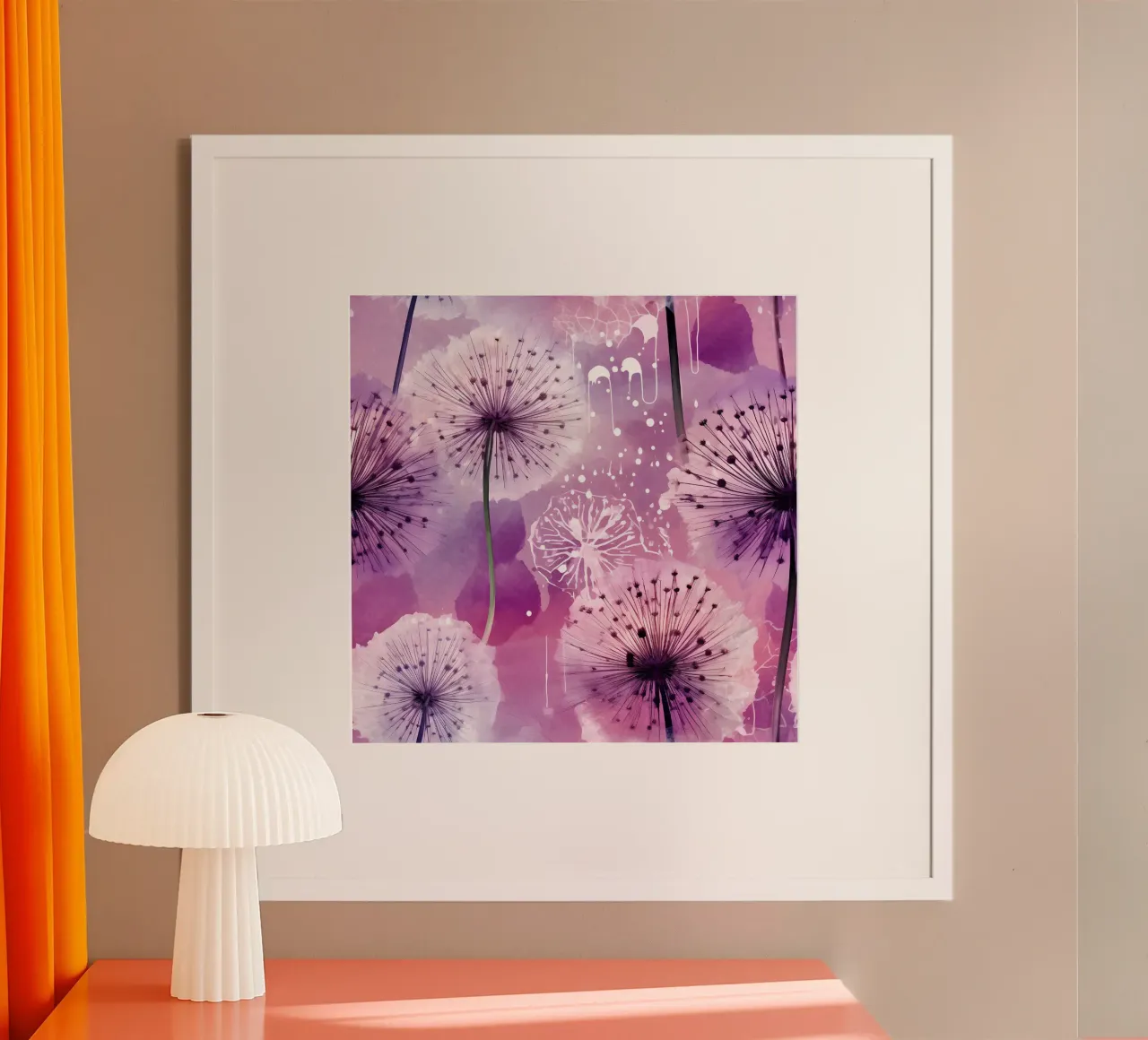 Dente di leone viola poster con telaio in alluminio da Botanical Pattern House