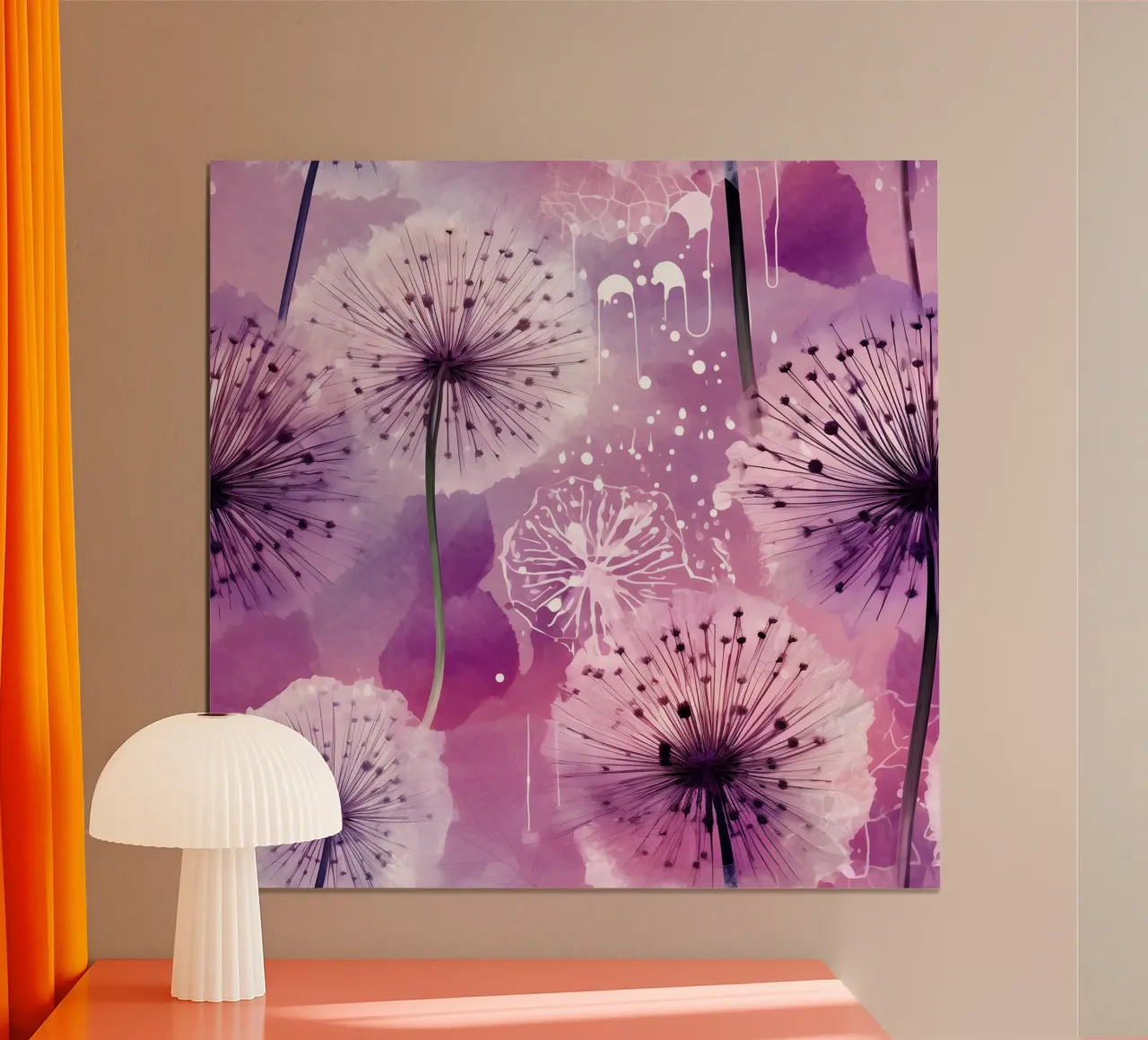 Dente di leone viola poster con telaio in alluminio da Botanical Pattern House