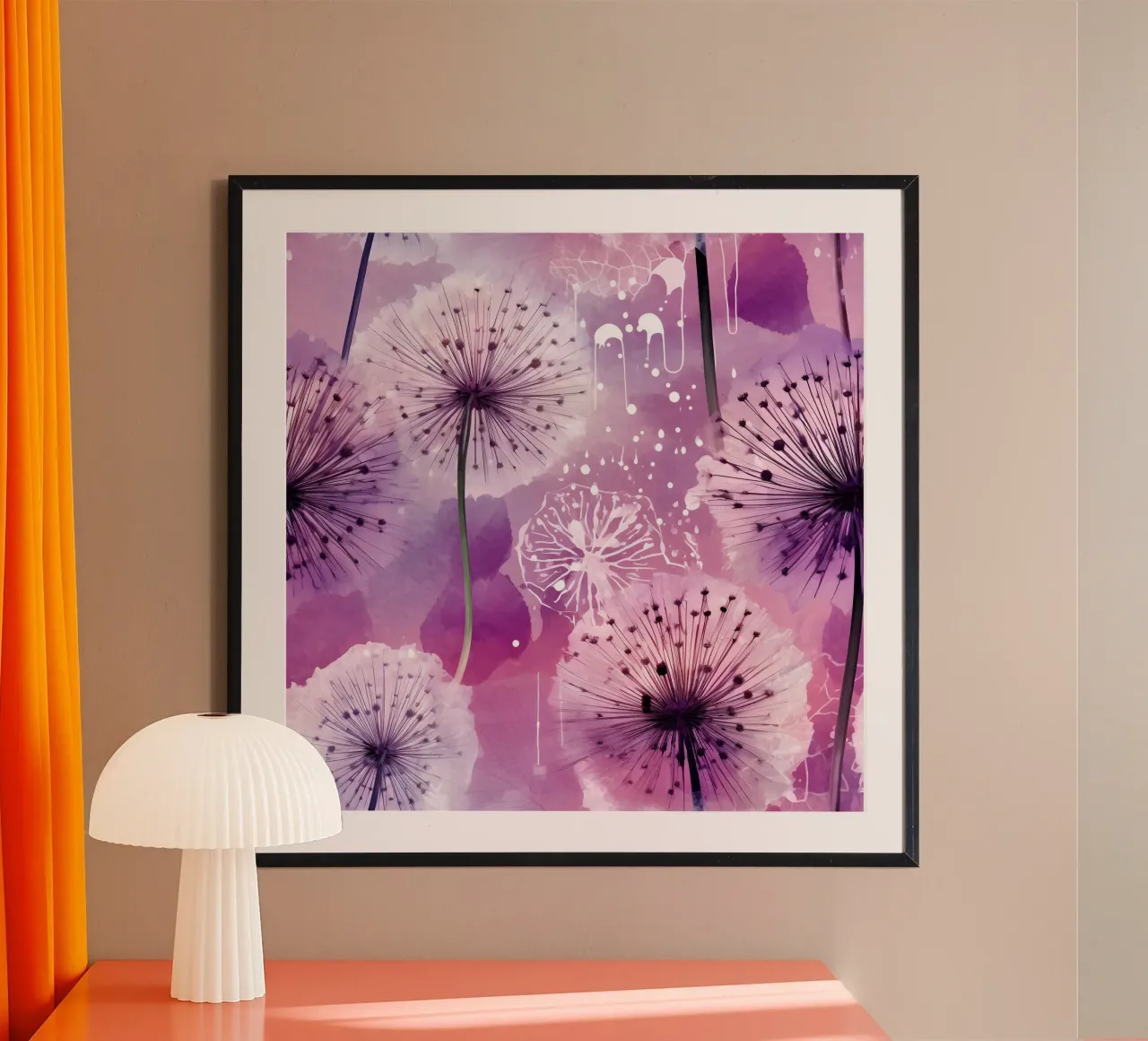 Dente di leone viola poster con telaio in alluminio da Botanical Pattern House